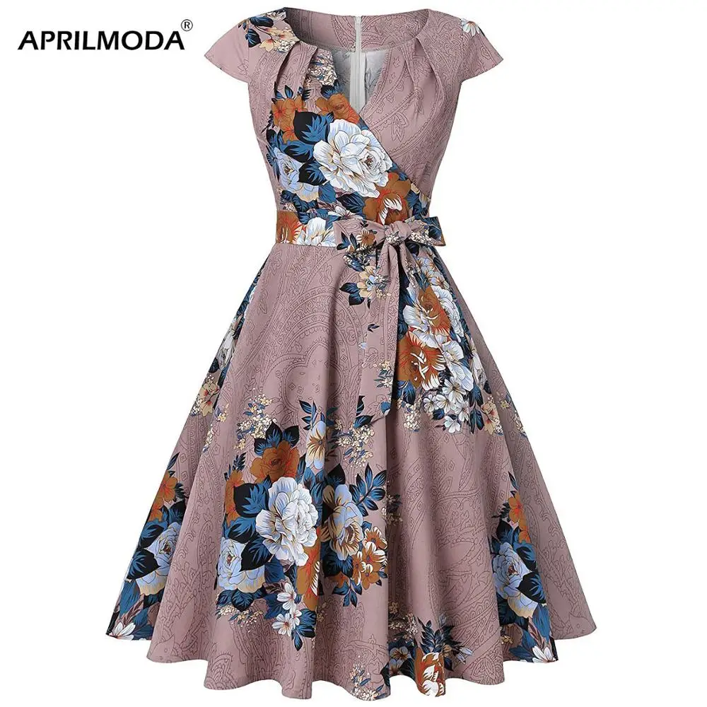 Женское винтажное платье с коротким рукавом Повседневное цветочным принтом v