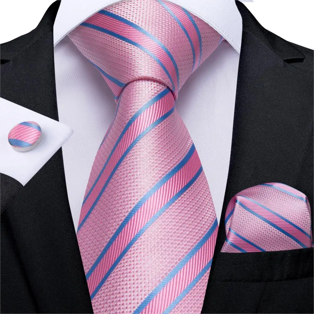 

Mens Tie Pink Blue Striped Wedding Necktie For Men Hanky Cufflinks Silk Tie Set DiBanGu Designer Fashion Business Party MJ-433