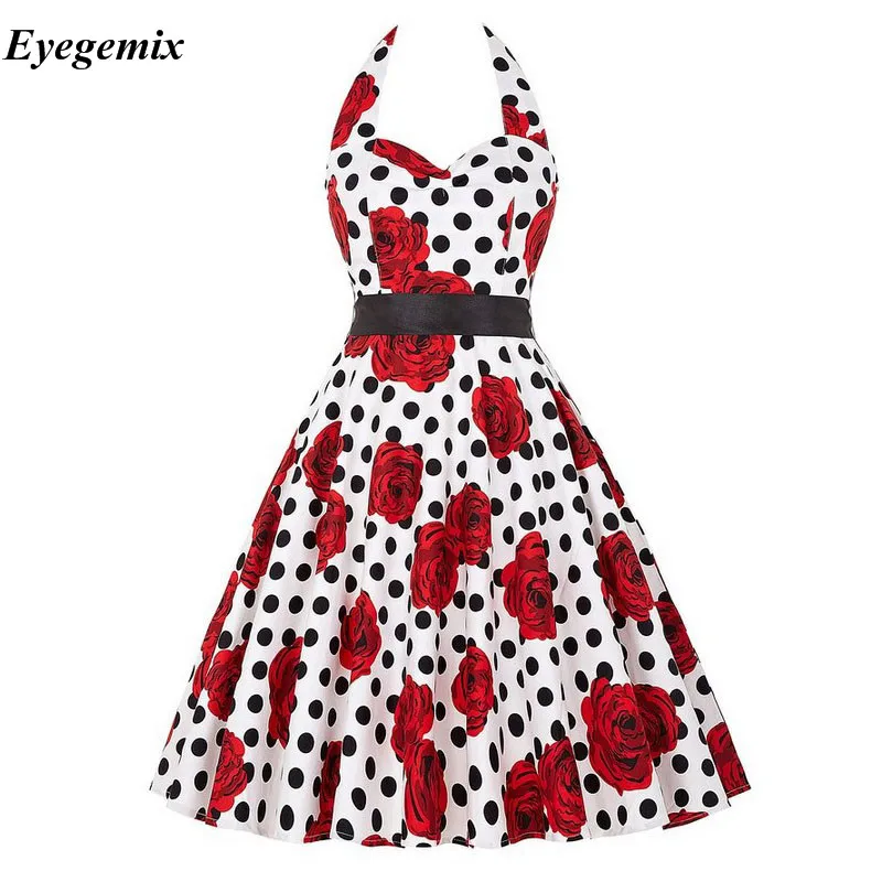 Женское винтажное платье ретро в горошек черное с цветочным принтом лямкой на