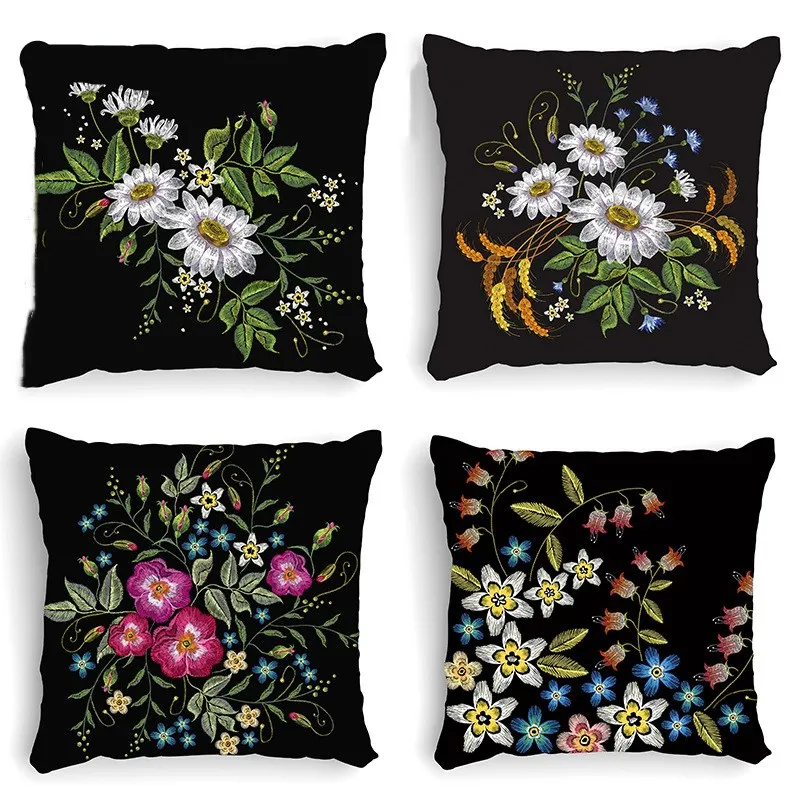 

Vintage Black Flower Cushion Cover 45x45cm Soft Throw Pillow Case for Sofa Living Room Decorative Pillows Home Decor Pillow Case