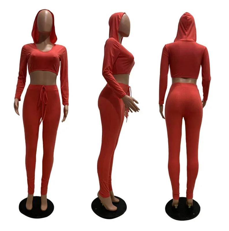 

Women two Piece Set Hooded Top Pencil Pants Knitted Bodycon High Stretch Outfit Jogger Matching Set Mejor Wholesale Dropshpping