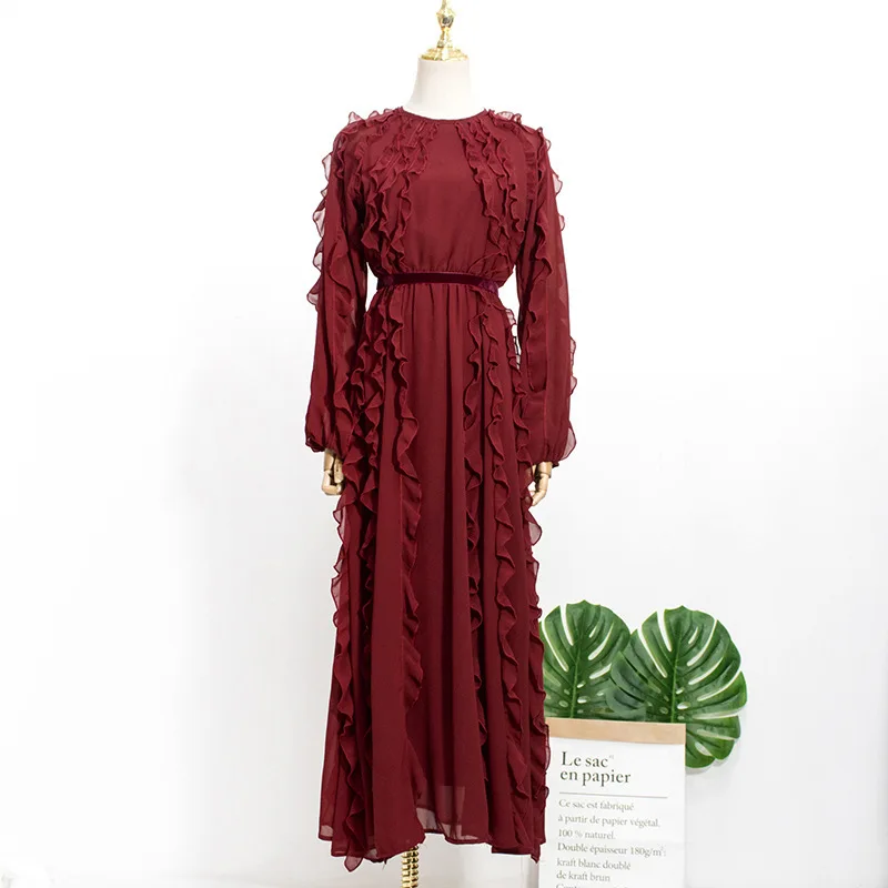 

The new 2020 wine red dress autumn autumn dress lotus leaf goddess temperament of the new round neck long sleeve dress