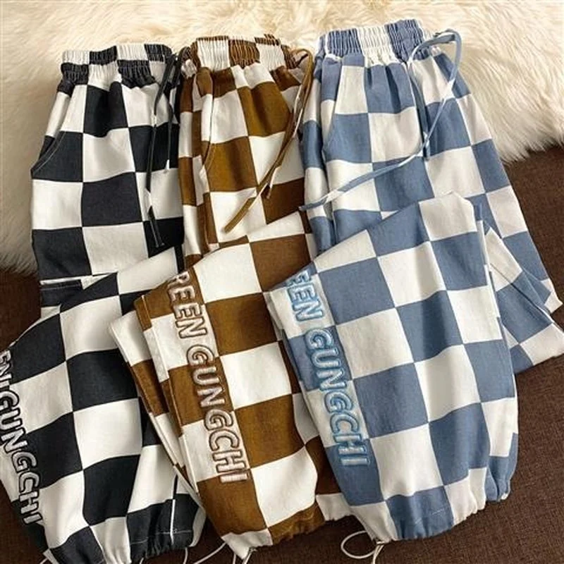 

Harajuku Checkerboard Wide Leg Pants Women Chic Drawstring Loose Casual Sport Pants Retro Khaki High Waist Overall Blue Trousers