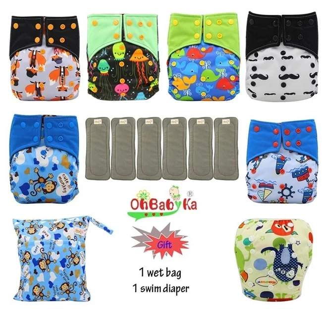 03 OhBabyKa тканевые подгузники Couche Lavable Bamboo угольный подгузники многоразовые детские подгузники AI2 с карманами+ 6 подгузников - Цвет: 03