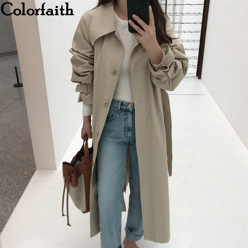 Colorfaith Новый 2019 осень зима Для женщин плащ свободного покроя с лентой на шнуровке