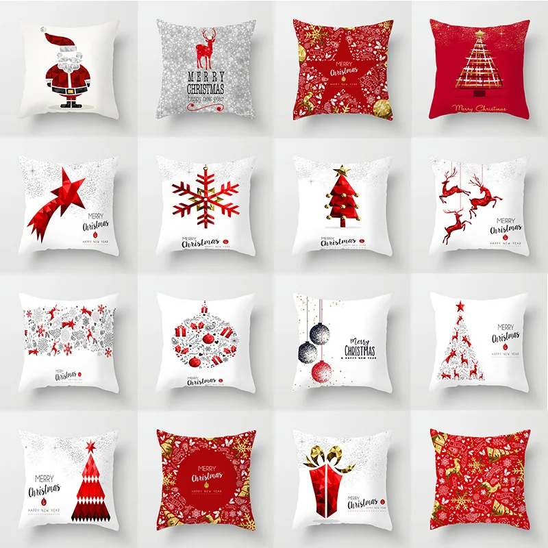 

New Pillow Cover Sofa Car Cushion Home Santa Claus Elk Chrismas Tree Peach Skin Pillowcase Pillowslip 45*45 cm Red and White