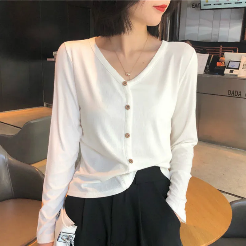 

S-2XL V Neck 2022 New Women Solid Bodycon Knitted Tee Long Sleeve Tops Slim Sexy Women Summer Autumn Knitted Button T Shirt