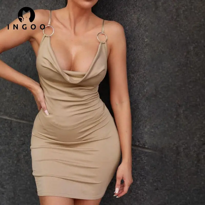 

INGOO Sexy Metal Ring Spaghetti Strap Bodycon Dresses For Women Elegant Party Club Outfits Solid Sleeveless Backless Mini Dress