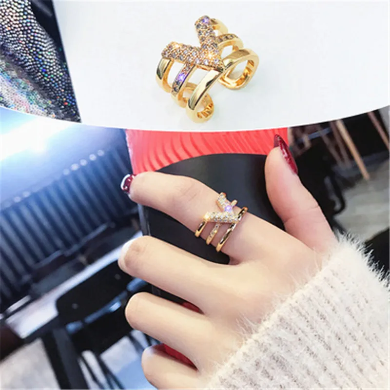 2019 Модные кольца с v-образными слоями для женщин шикарное розовое золото Открытое