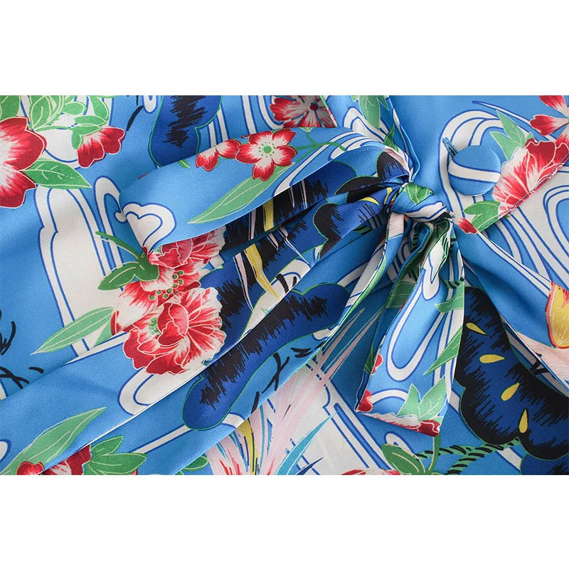 

Za 2021 Women Summer Vintage Floral Print V-Neck Belt Kimono Blouses + Female High Elastic Waist Wide Leg Trousers Chic Suit
