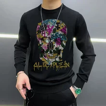 New Autumn And Winter Brand Casual Mens Sweater High-Quality Hot Diamond Couple Slim Long-Sleeved Color Skull Fashion Pattern T