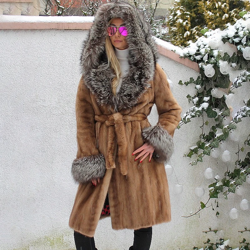 BFFUR 100cm Long Mink Fur Coat With Silver Fox Fur Hood Thick Warm Winter Woman Luxury Overcoats Natural Mink Fur Jackets Women