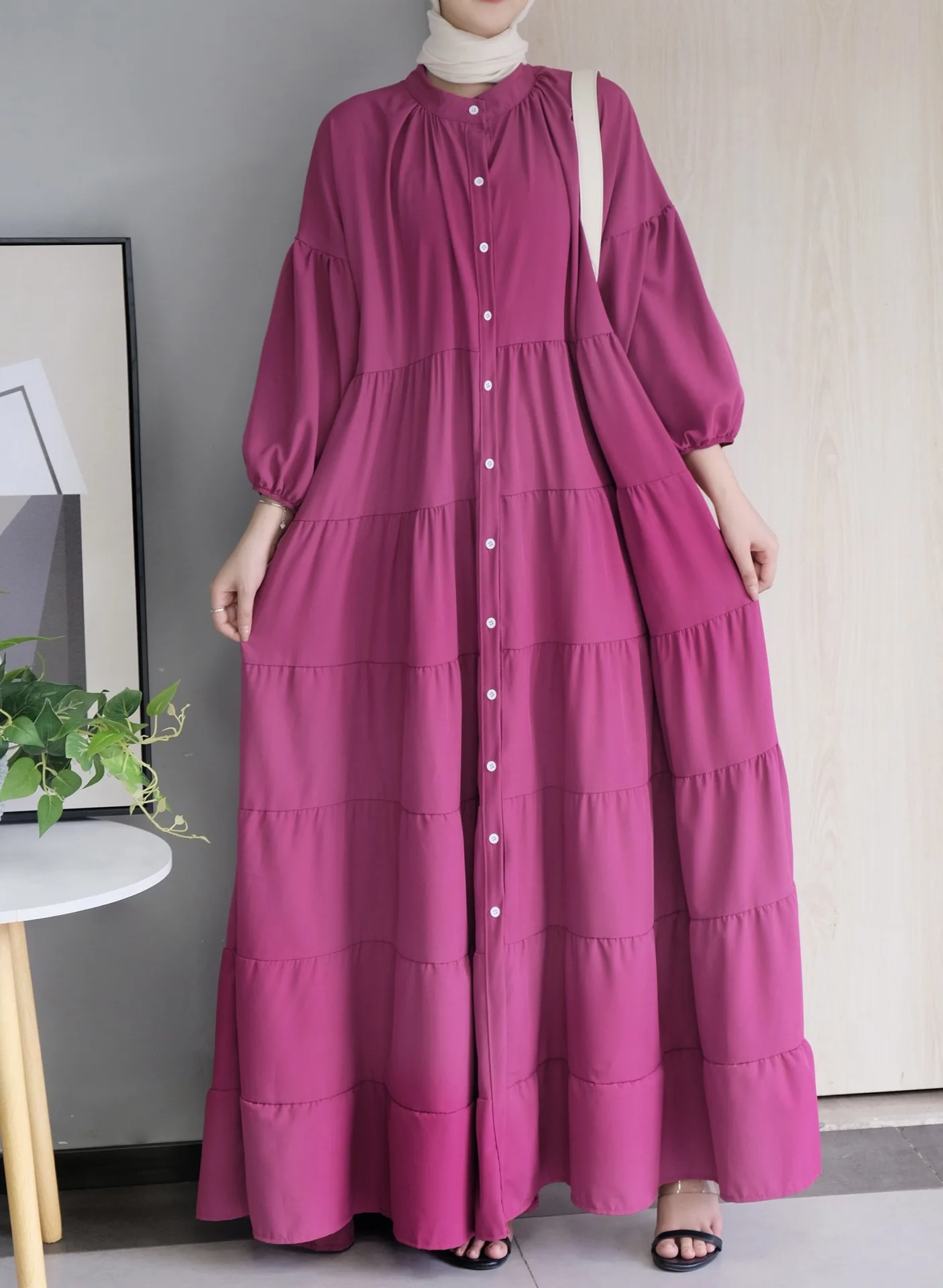 Solid Color Plain Muslim Long Dresses for Women Dubai Abaya Turkey Hijab Dress Long Sleeve Kaftan Vestido Ruffles Sundress