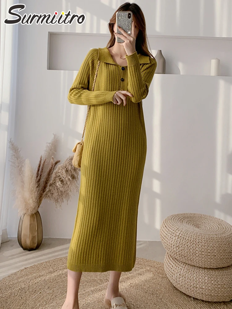 

SURMIITRO вязаное длинное платье-свитер для женщин 2021 модное осенне-зимнее платье в Корейском стиле с длинными рукавами с отворотами