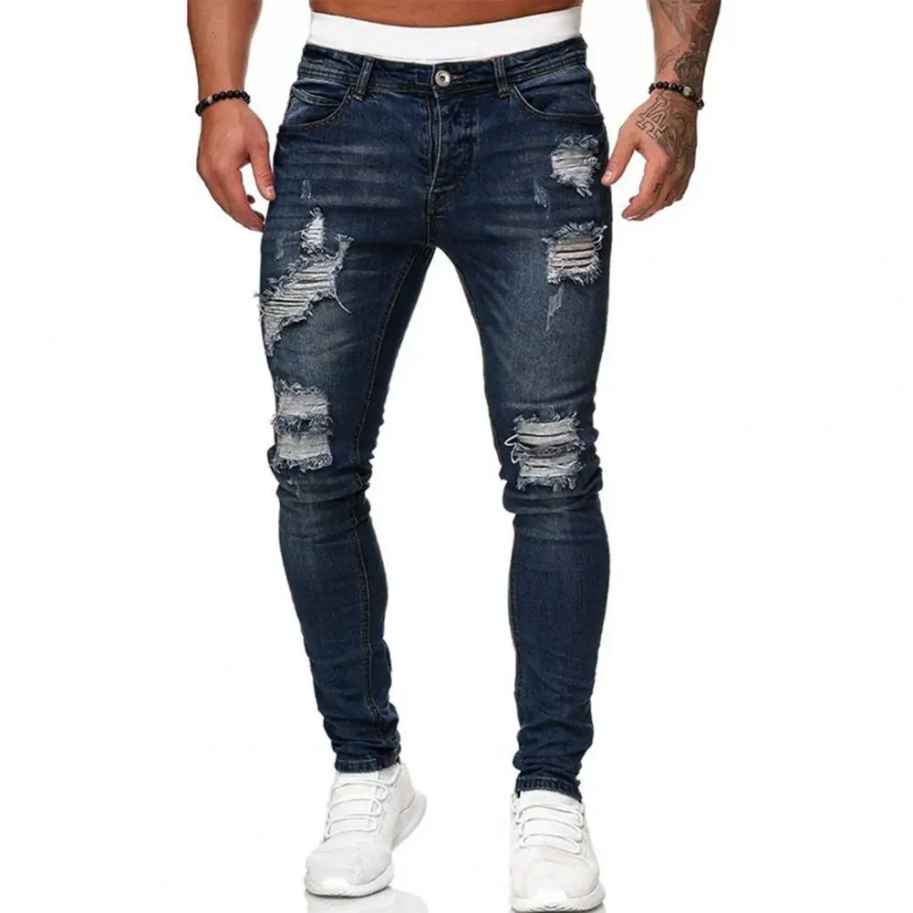 

Men Stylish Ripped Hole Jeans Denim Pants Pockets Button Skinny Long Trousers