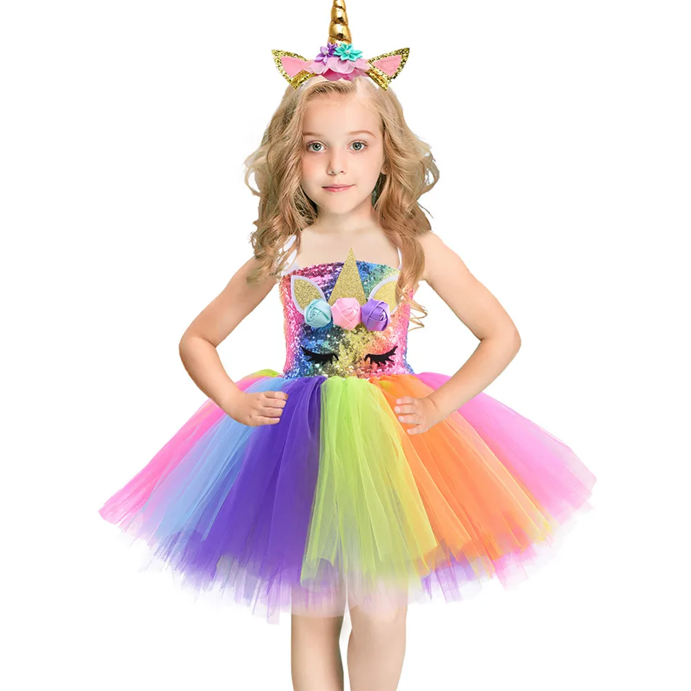 Платье-пачка с радужными блестками и единорогом для девочек комплект одежды дня