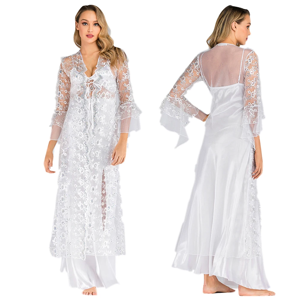 

Халат женский кружевной, из 2 предметов, прозрачный, атласный