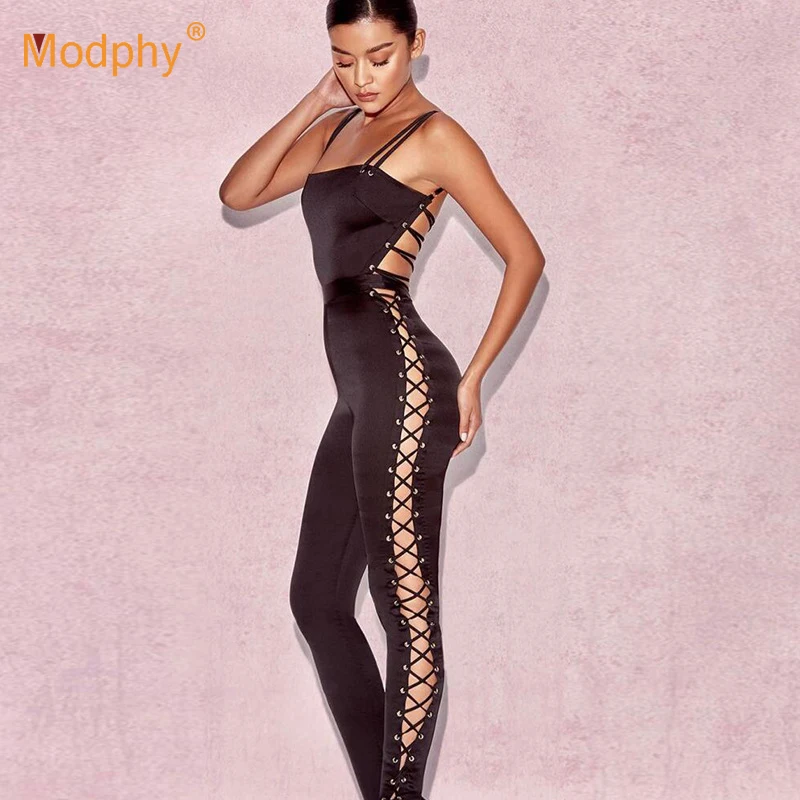 Женский Длинный бандажный комбинезон черный облегающий вечерние бинезон с