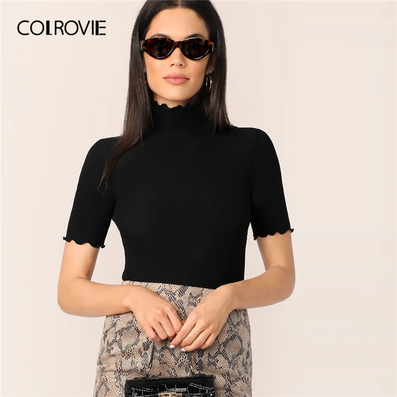 COLROVIE Lettuce Trim Form Fitted Rib-knit T-shirt Women Short Sleeve Casual Tops Female High Neck Elegant T-shirts