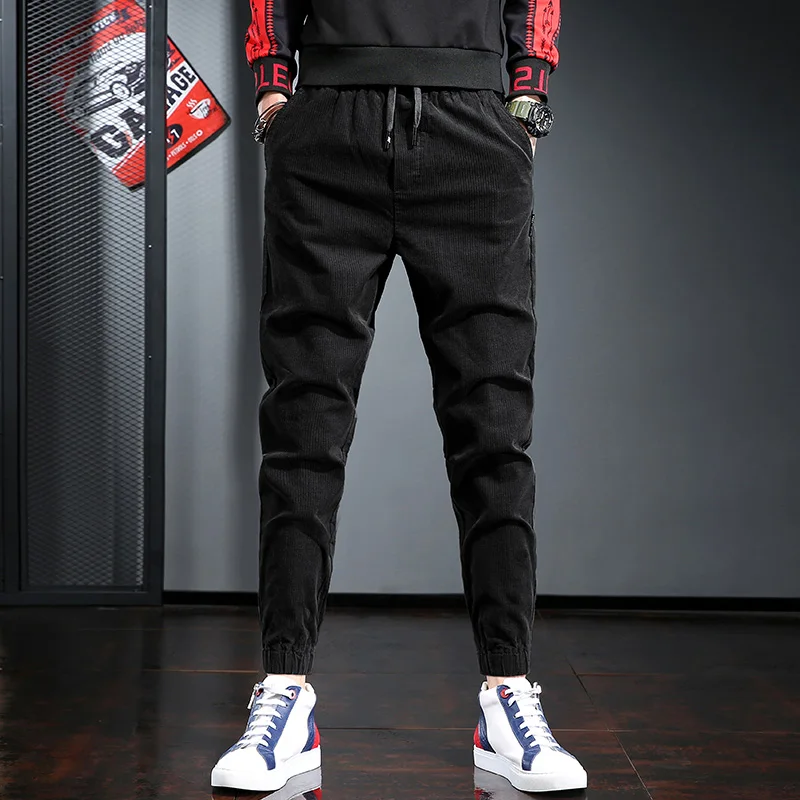 

Corduroy Men's Pants 2021 New Casual Solid Black Elastic Waist Trousers