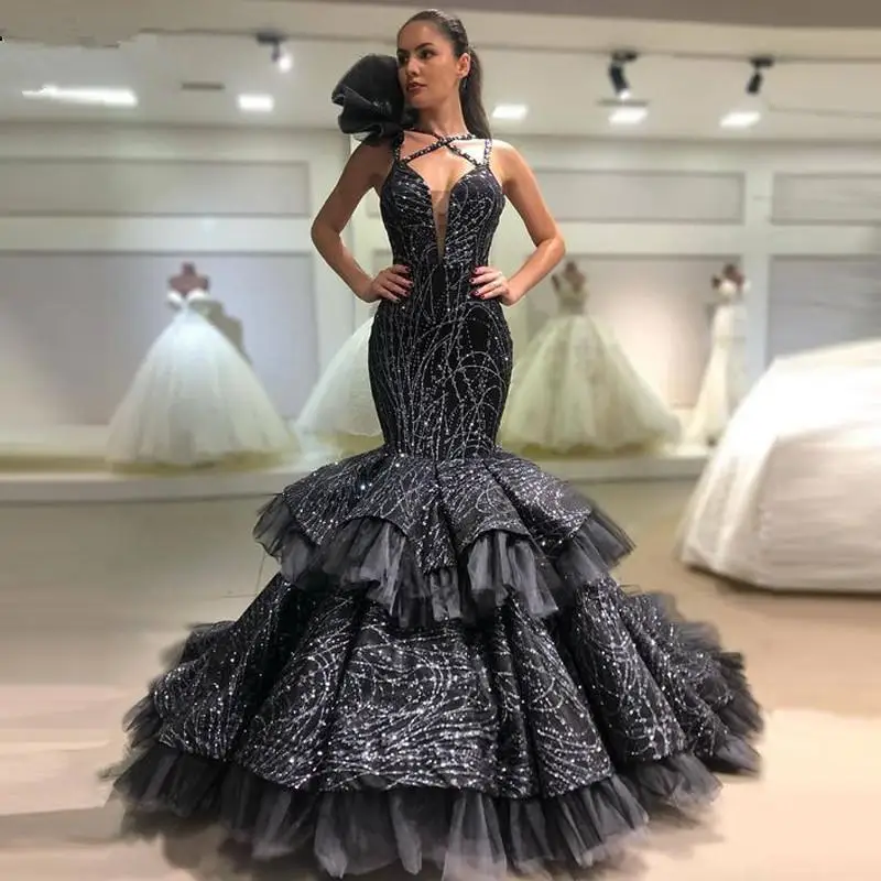 

New Sparkly Black Evening Dress Mermaid V Neck Tiered Skirt Formal Party Prom Dresses robe de soiree Ruffles Gown abendkleider