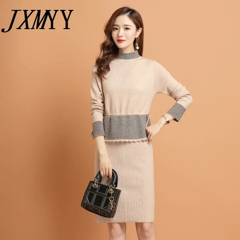 

JXMYY 2021 новый осенне-зимний женский вязаный костюм из двух предметов юбка модное пальто универсальная облегающая юбка-свитер