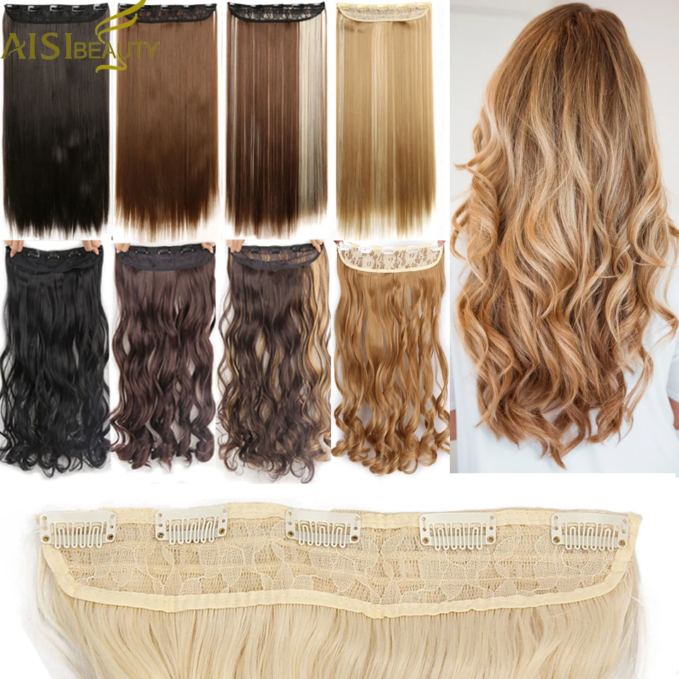 AISI BEAUTY 5 Clips Synthetic Hair Long Wavy Blonde Clip In One Piece Hair Extensions Brown Black Hair Pieces for Women