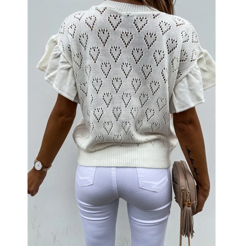 

Crew Neck Vintage Sweater Tops Women Butterfly Short-Sleeved Heart-Shaped Knitted Top Hollow Out Sweaters Casual 2021 Tops leisu