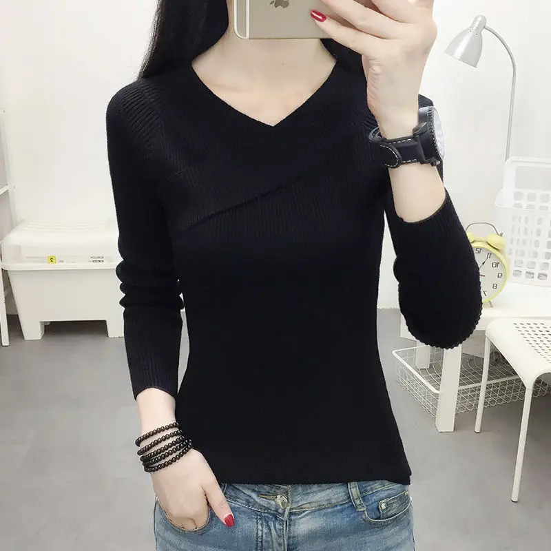 

2021 Spring and Autumn Women's Casual Top V-neck Cross Slim Multicolor Long Sleeve Pullover Ladies Sweater yellow Black Y17