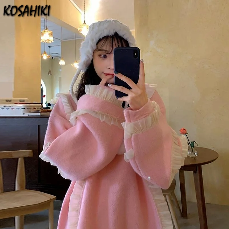 

KOSAHIKI Fall Sweaters for Women Ruffle Patch Pullovers Vintage Knitted Long Sleeve Clothes Korean Style Loose Top Sweet Jumper