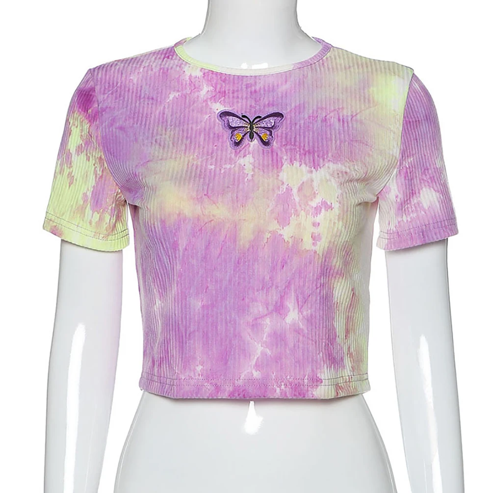 Женский укороченный топ фиолетового цвета с аппликацией в виде бабочки и