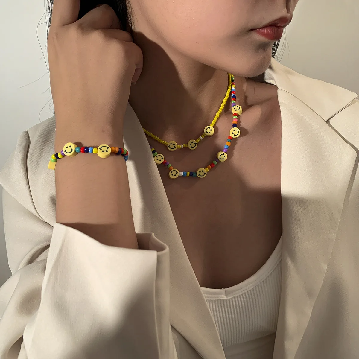 

Fashion Korea Multilayer Seed Beads Choker Necklace For Women Cute Sweet Girls Necklace Smile Face Beads Necklace Bracelet Set