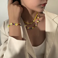 fashion korea multilayer seed beads choker necklace for women cute sweet girls necklace smile face beads necklace bracelet set