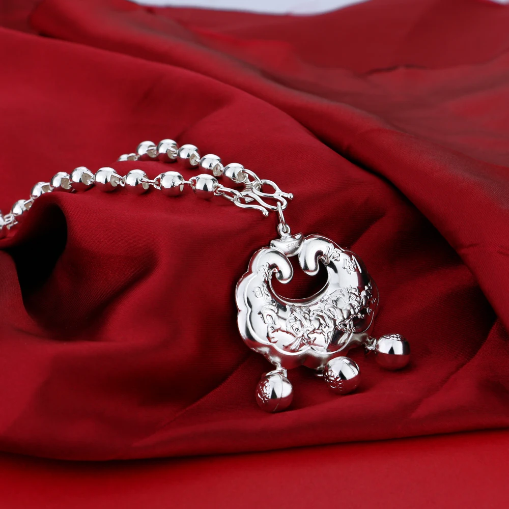 

Female 925 Sterling Silver Necklace Ethnic Pendant Necklace Women's Solid Silver Beads Chain Charm Jewelry Birthday Gift