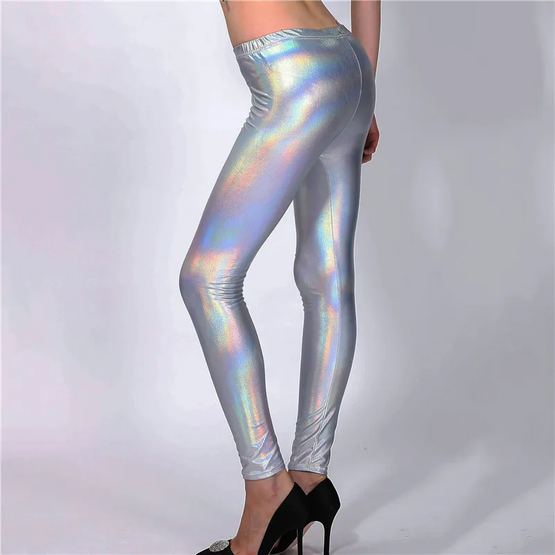 Glitter Holographic Pu Long Pants Rainbow Color Striped Elastic Pencil Pants Sexy Women Skinny Trousers Streetwear Fall