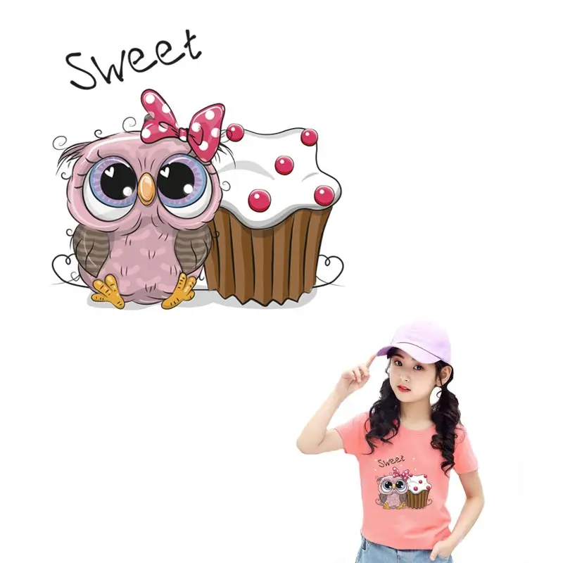 

Pretty Owl Thermal Sticker On T-shirt DIY Vinyl Patch Sweet Cake Iron On Transfer For Kid Clothing Hoodies Wholesale Appliqued