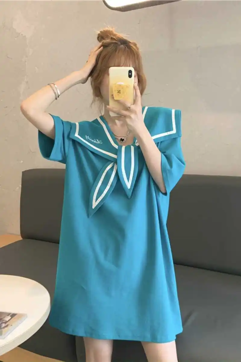 

French Cape Navy Dress summer loose small Casual Short Sleeve T-Shirt