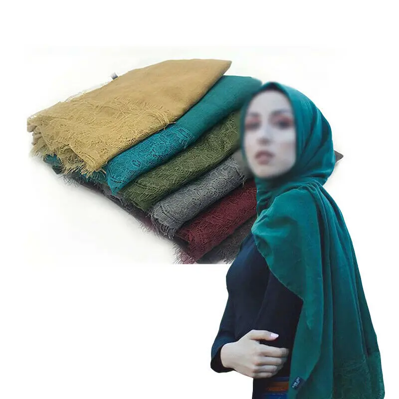 

Fashion Cotton Maxi Scarves Hijab Muslim Long Shawls With Lace Women Headscarf