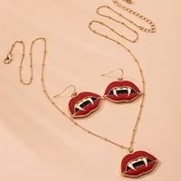 red lip necklace pendant mouth kiss lips dangle stud earrings set link bracelet for women grils fashion jewelry party gifts
