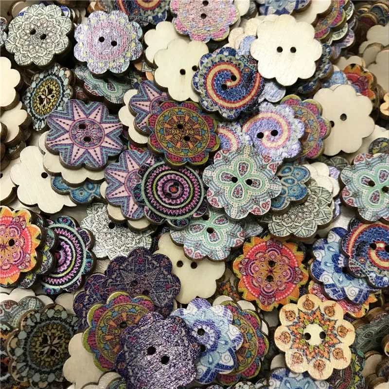 

50pcs Painted Round Wood Sewing Button Scrapbooking Flower Painting Shape Color At Random 2 Holes