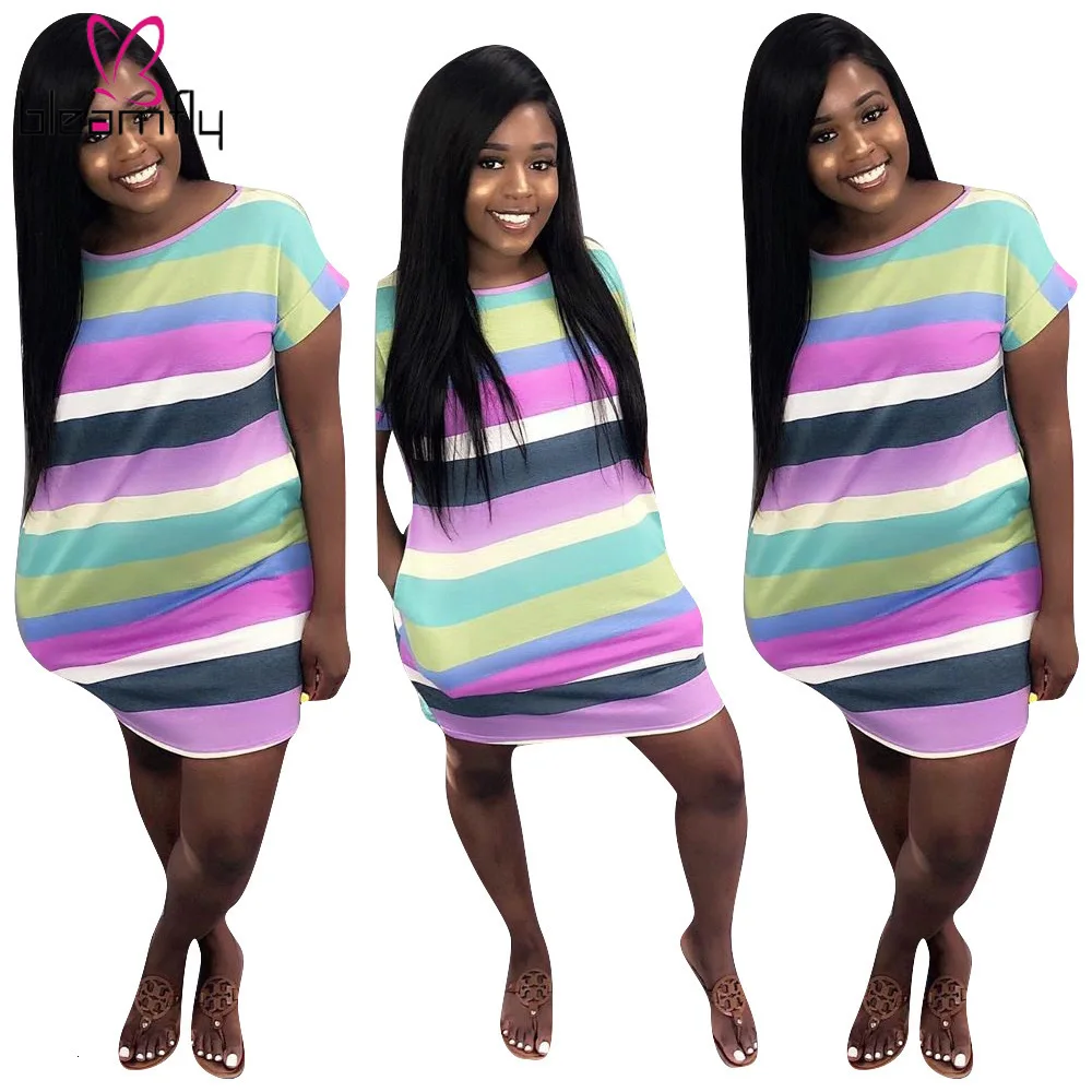2019 женское летнее платье в разноцветную полоску с круглым вырезом и коротким