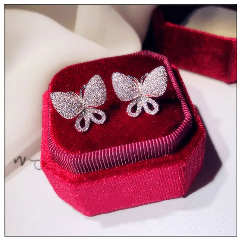 S925 Sterling Silver Needles Fine Jewelry Stud Earrings For Women Butterfly Cubic Zirconia Elegant Temperament Fine Jewelry
