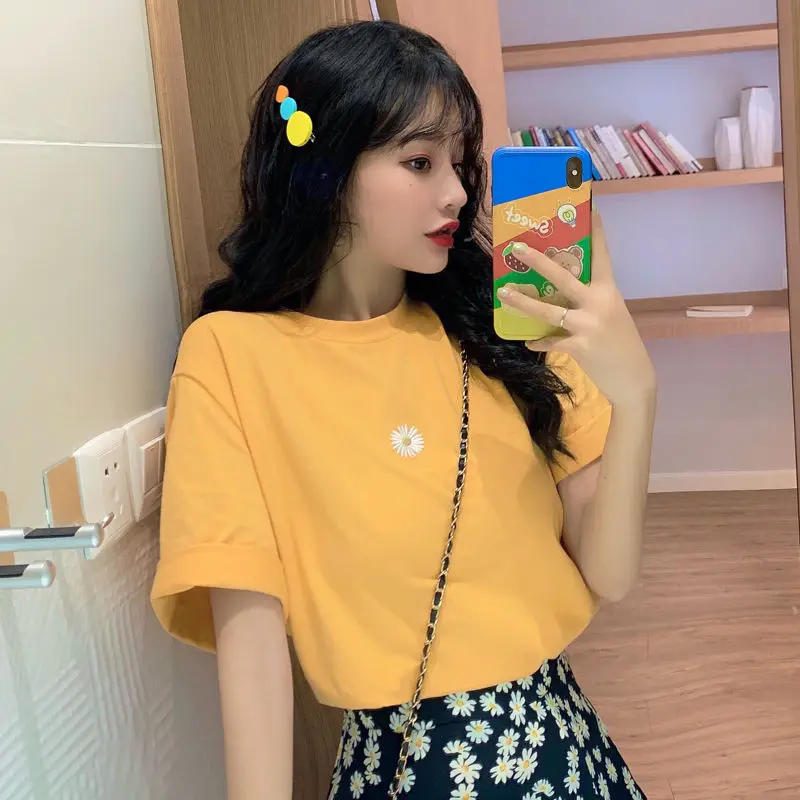 Футболка с маргариткой Женская Ins модная простая Свободная кофта для студенток и