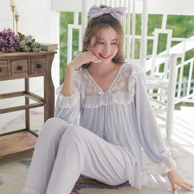 

Spring Autumn Women's Long Sleeve Pajamas Sets V-Neck Vintage Princess Lace Pyjamas Girls Cute Nightwear Suits