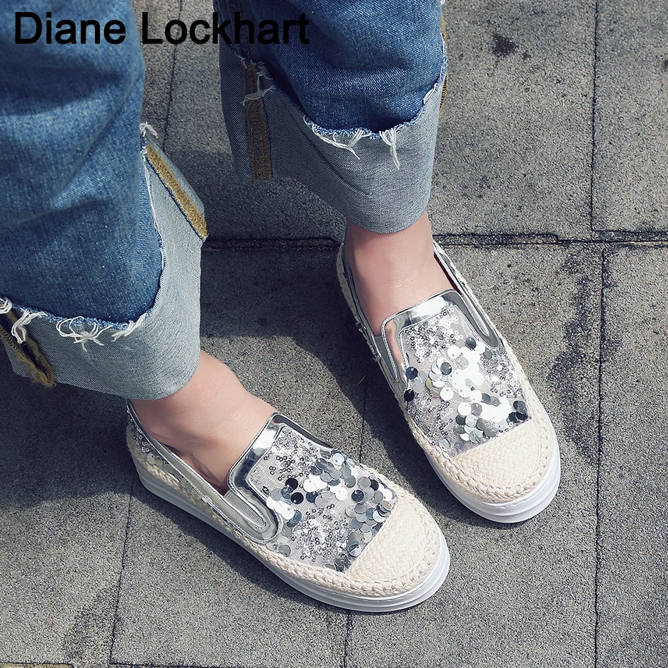 

Women's Straw Platform Shoes Sequin Flats Woman Thick Bottom Flats Sandals Female Casual Fashion Mesh Single Shoes Summer Silver