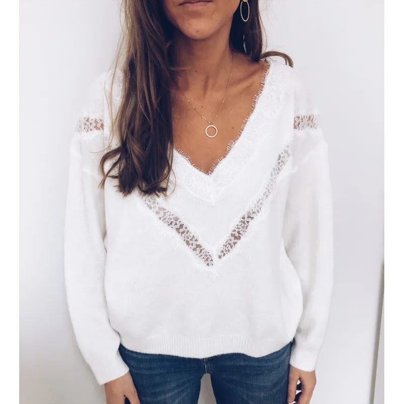 Hot Sale Fall Tops Women Sexy Low Cut Lace Patchwork White Long Sleve Women Blouse Sexy Tops and Blouse