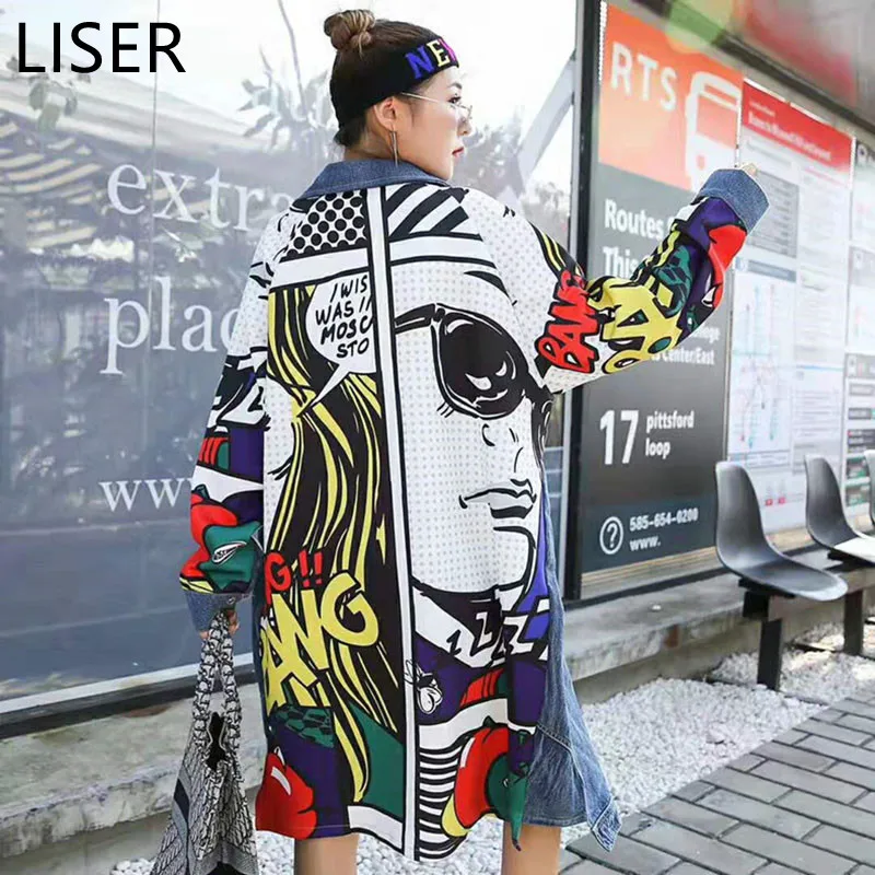 

Abstract Cartoon Pattern Stitching Denim Windbreaker Women Loose Large Size 2022 Spring Autumn New Cardigan Long Coat Blue LL286