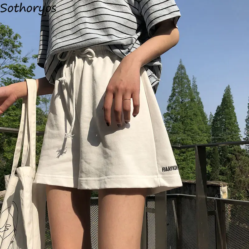 

Women Black Shorts Letter Embroidery Fashion Wide Leg Drawstring Running Student Preppy Casual Couple Loose Short Trousers Mujer