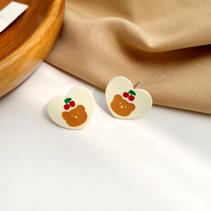 

S925 needle Cute Jewelry Heart Earrings Sweet Design White Love Little Bear Cherry Stud Earrings For Girl Lady Gifts Wholesale