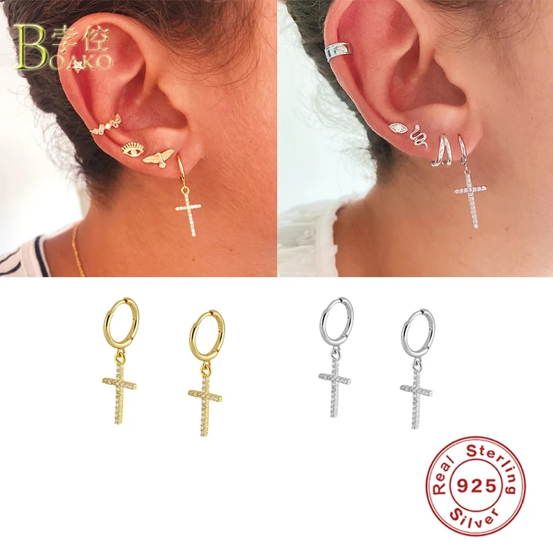

Женские серьги-кольца BOAKO из стерлингового серебра 925 пробы, роскошные длинные серьги-обручи с крестом из циркония, ювелирные изделия S925
